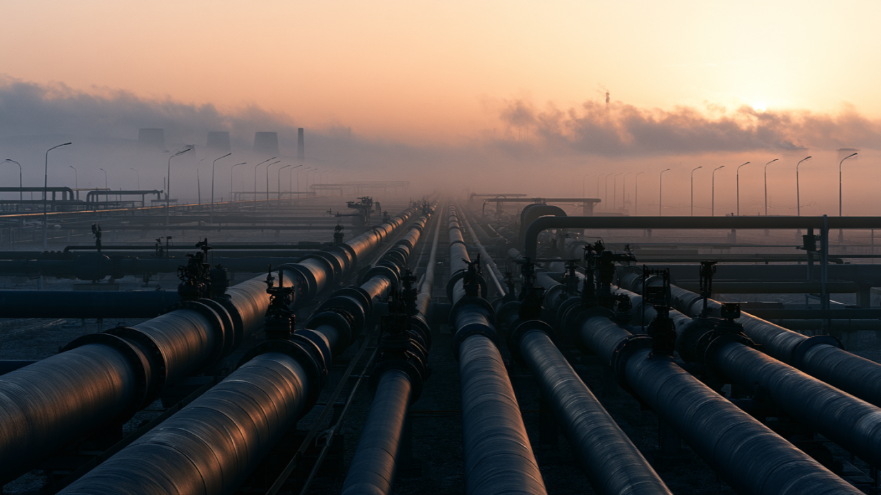 Pipelines at an industrial site at sunrise